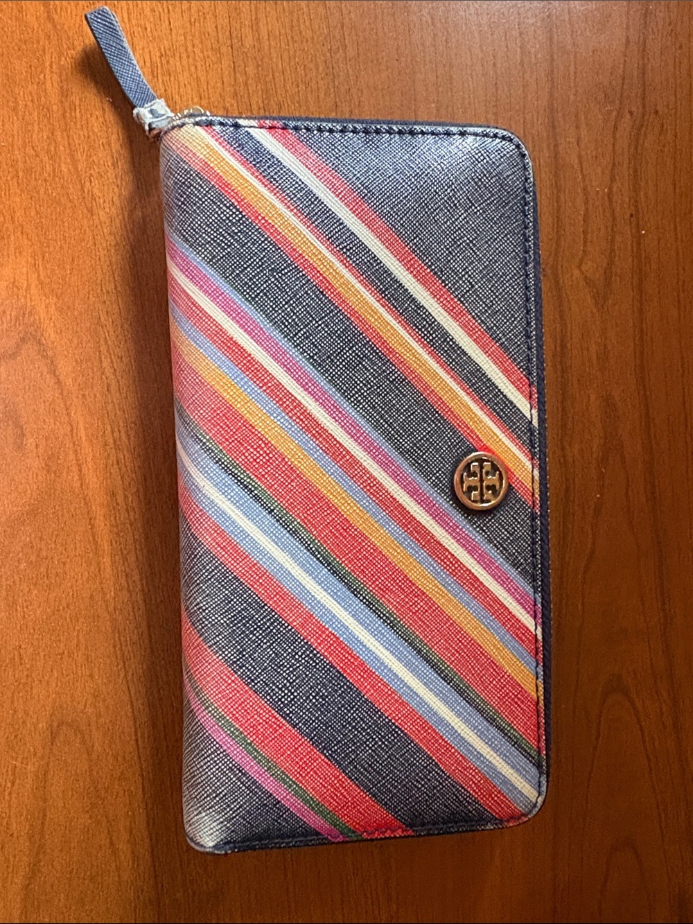 Tory Burch Navy Multi Stripe Zip Wallet with Gold Logo